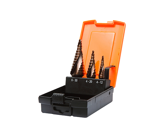 3Pcs Metric 3 Flats Shank Spiral Flute Cobalt Coated HSS Step Drill Bit Set for Metal Tube Sheet Drilling in Plastic Box