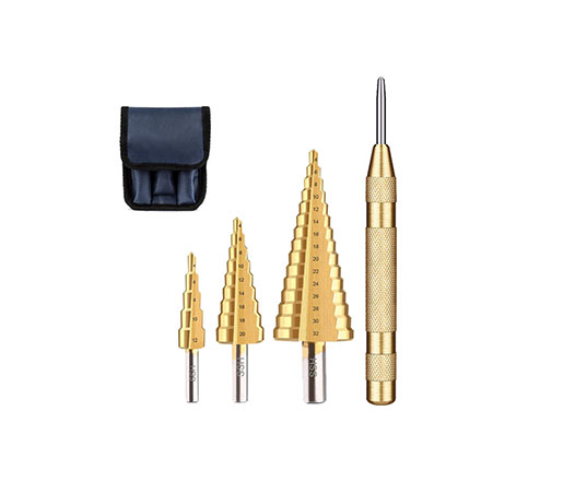 3Pcs Metric Three Flats Shank Straight Flute Titanium HSS Step Drill Bit Set with Automatic Punch in Nylon Bag