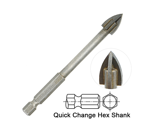 Impact 14 Hex Shank Cross Carbide Tip Glass Drill Bit for Glass Ceramic Porcelain Tile Drilling