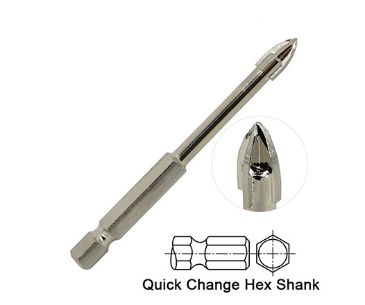 Nickel Plated Hex Shank Cross Carbide Tip Glass Drill Bit for Glass Ceramic Porcelain Tile Drilling